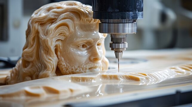 A 5-axis computer numerical control (CNC) machine is carving a sculpture of Jesus' head out of what appears to be wax.