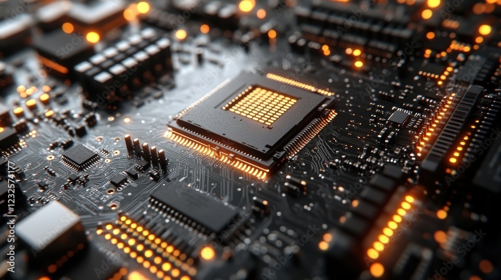 Poster close up image of computer circuit board with integrated components and connections