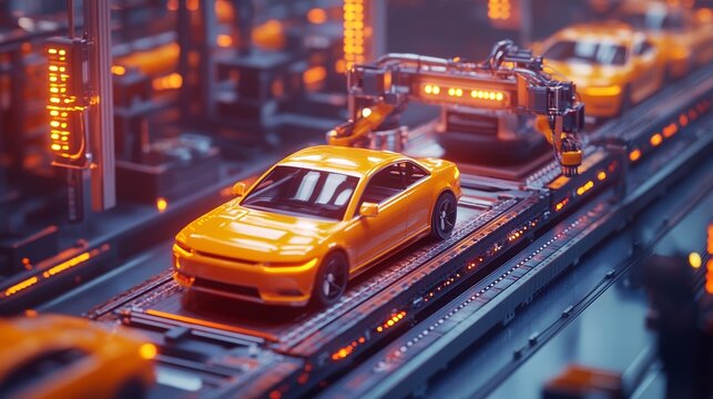 A yellow car being manufactured on an assembly line with robotic machinery.