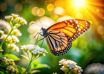 Fototapeta premium Macro shot: Monarch butterfly's orange and black wings contrast sharply against a pristine white bloom.