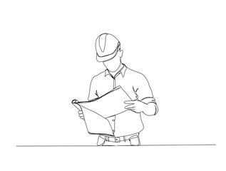 Continuous one line drawing of architect engineer reading blueprint. Architect engineer holding blueprint paper in single line draw illustration. Editable stroke.