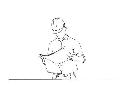 Continuous one line drawing of architect engineer reading blueprint. Architect engineer holding blueprint paper in single line draw illustration. Editable stroke.