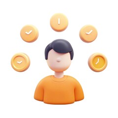 A cartoon character in an orange shirt is surrounded by clock icons, symbolizing time management and productivity.