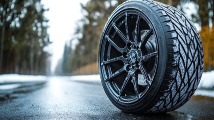 A close-up shot of a black wheel and tire covered with snow on an empty road in a forest.