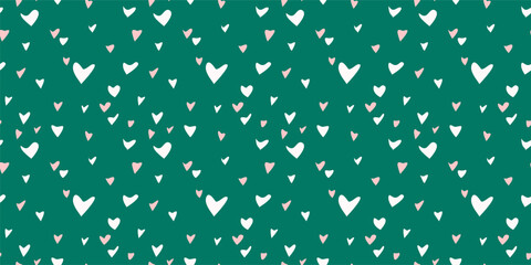 White Heart Seamless Pattern on green Background. Love romantic theme. Pattern hearts with Love for Valentine's Day. Valentines day background. Vector abstract texture with small hearts