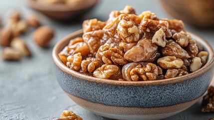Fototapeta premium Close up of bowls filled with nuts on grey table.