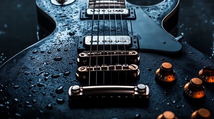 A close-up of an electric guitar with droplets on its body and fretboard.