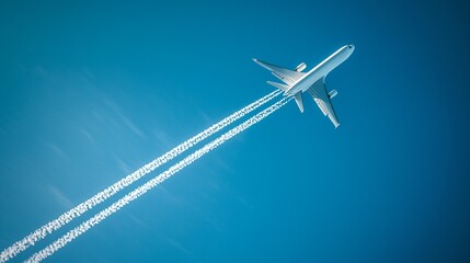 Supersonic jet flying at high speed through clear blue sky, leaving a long vapor trail, minimalistic design with ample copy space for text or graphics. Aviation and speed concept.