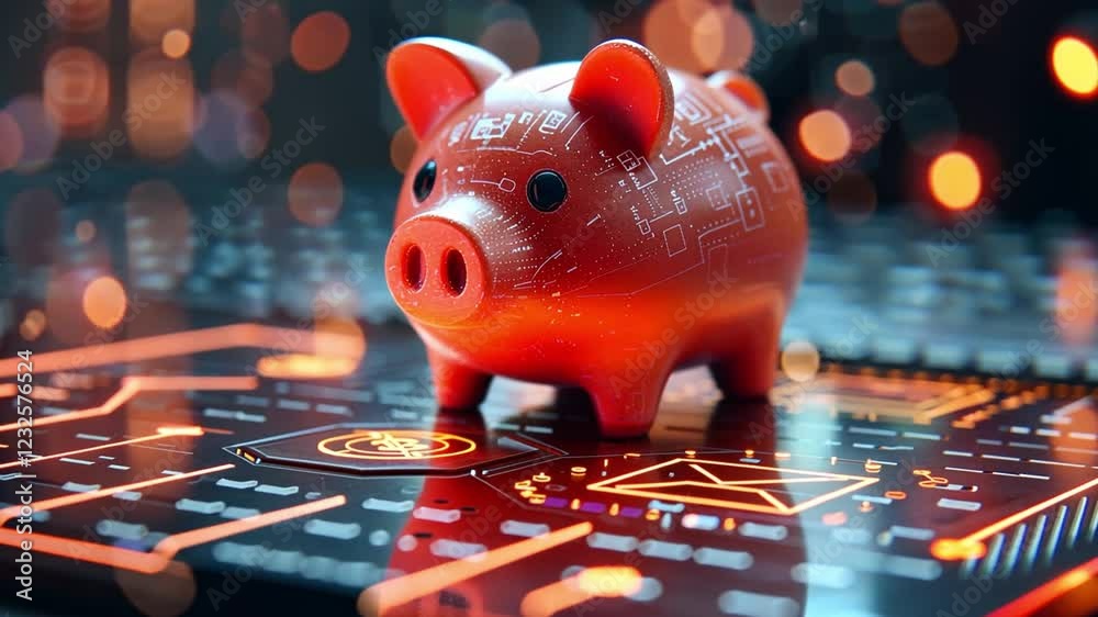 Poster digital piggy bank on a futuristic interface in a tech-inspired environment with glowing elements