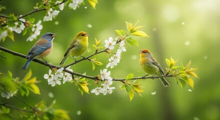 Obraz premium Vibrant birds singing on blossoming branch in lush springtime
