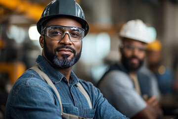 Group of men from different ethnic backgrounds working in a modern automotive plant. They are dressed in safety overalls, helmets, and gloves