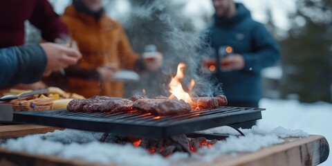 A snowy mountain lodge where friends huddle around a firepit, grilling steaks and vegetables over glowing embers