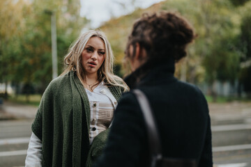 Two women are engaged in a serious discussion outdoors on a fall day in a park. Their expressions...