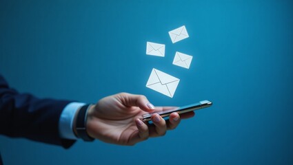 man's hand holding smartphone and check email online on the application web have envelope icons floating on the mobile screen. notification newsletter, received or sending email marketing concept