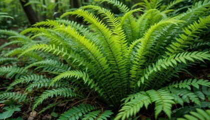 Vibrant green ferns unfurling in a damp woodland
