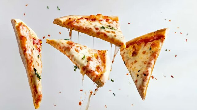 Four appetizing pizza slices with melted cheese and oregano are levitating on a white background, surrounded by spices, creating a dynamic and delicious food scene
