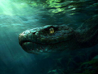 A huge, mythical serpent with scales that shimmer like polished gemstones, swimming through a mystical river.


