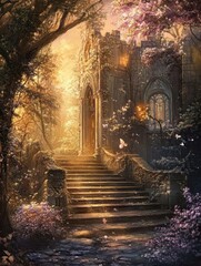 Majestic ancient castle surrounded by vibrant flora at sunset in a mystical forest. Generative AI