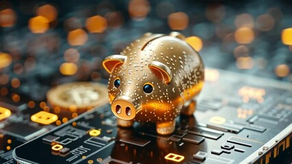 Golden piggy bank on digital circuit board with cryptocurrency elements illuminated in 4K resolution