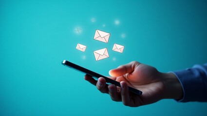 man's hand holding smartphone and check email online on the application web have envelope icons floating on the mobile screen. notification newsletter, received or sending email marketing concept