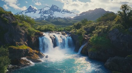 Fototapeta premium Waterfall cascading into turquoise pool, snowy mountains backdrop; nature serenity