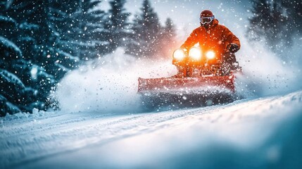 Fototapeta premium Snowmobile driver plowing snowy mountain trail
