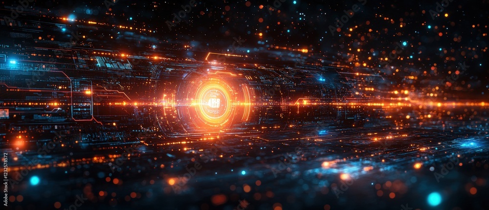 Poster futuristic abstract background featuring a glowing circular shape and vibrant colorful patterns