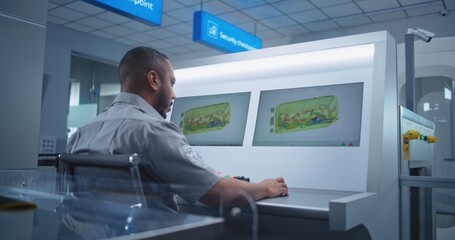 Airport Security Checkpoint: African American Security Officer Monitors Baggage Screening Moving on...