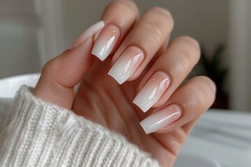 Fototapeta premium A close-up of elegantly manicured nails with a gradient white design, complemented by a cozy sweater in a softly lit background.