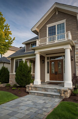 Luxury Home Exterior: Modern Architectural Design with Stone Pathway and Landscaping