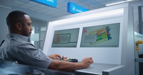 Airport Terminal: African American Security Officer Monitors Baggage Screening on Conveyor Belt on Computer Screens, Finds Suspicious Item in Suitcase. Modern X-ray Scanning at Security Checkpoint.