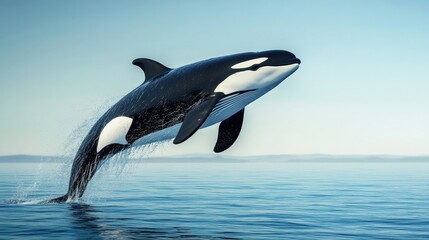 Fototapeta premium Orca whale leaping from ocean water.