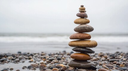 Fototapeta premium Stack of Colorful Stones on Pebble Beach with Ocean Background