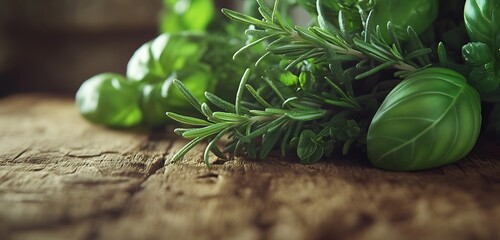Obraz premium Close-up of fresh culinary herbs like rosemary and basil on a textured wooden surface for kitchen decor