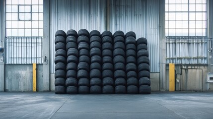 Stack of Black Rubber Tires in Industrial Warehouse Setting