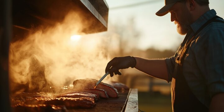 At dawn, a pitmaster checks on a massive offset smoker filled with slow-cooked brisket, ribs, and pulled pork