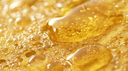 Close-Up View of Golden Liquid with Bubbles and Drops on Surface