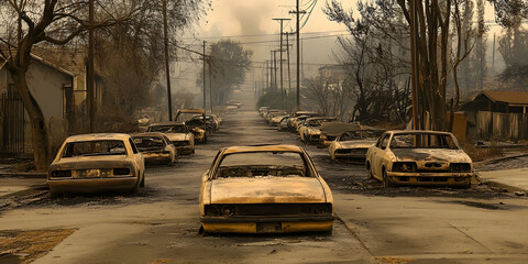 Obraz premium Abandoned Cars Burned Out Remnants Urban Decay Desolated Street Post Apocalyptic Scene Cityscape Ruined Neighborhood