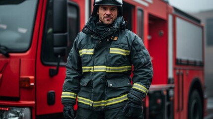 Obraz premium Firefighter Standing Next to Fire Truck.
