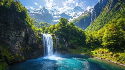 Fototapeta premium Waterfall cascading into turquoise pool, mountains backdrop, sunny day, nature scenery, travel poster