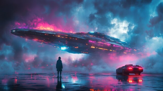 Dramatic Sci-Fi Scene with Hovering Alien Ship and Futuristic Car. Generative AI