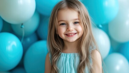 Adorable Little Girl Smiling Amidst Blue Balloons