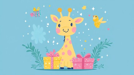 Obraz premium Adorable Giraffe with Gifts Flat Vector Illustration for Children's Designs
