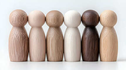 Diverse wooden figures stand together; unity concept