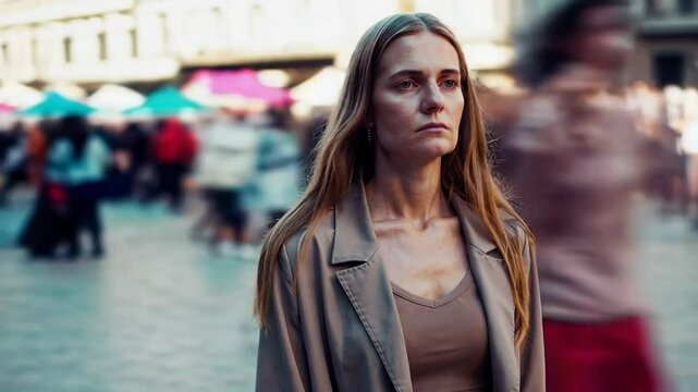 Woman standing motionless amid bustling city square. Experiencing deep sense of isolation and disconnection from surrounding urban landscape. Embodying feelings of loneliness and emotional detachment