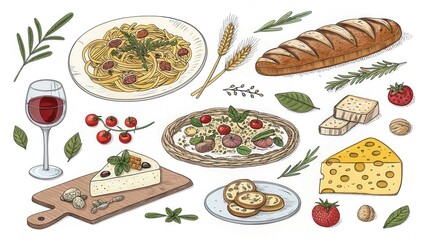 A delightful collection of Italian-inspired cuisine featuring pasta, flatbread, cheese, bread, and wine