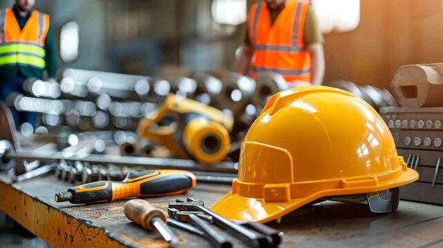 Construction tools and a hard hat laid out on a workbench in a workshop setting.

