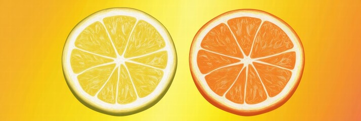 Brightly colored lemon and orange slices displayed side by side on cheerful yellow background highlighting fresh fruits. Generative AI