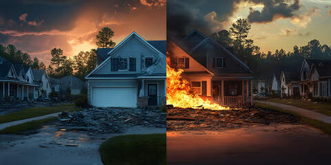Houses ablaze photography, Dramatic fire scene, Stunning sunset sky, Intense contrast photo, Split view of house burning
