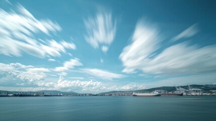Fototapeta premium Serene Harbor View with Clouds and Calm Waters at Daytime